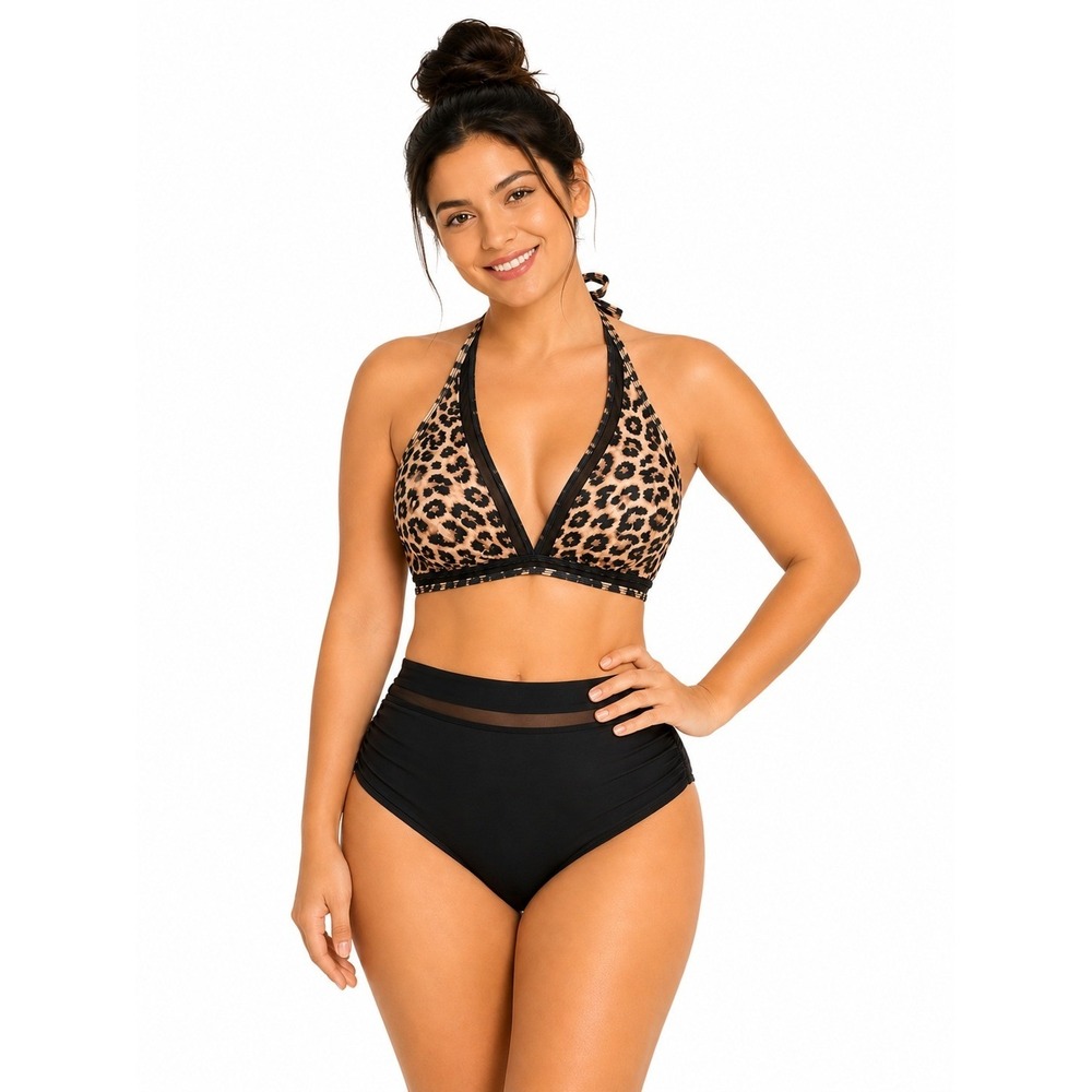 Women Swimsuit Set Size Medium Leopard Animal Print High Waisted Halter Mesh NEW